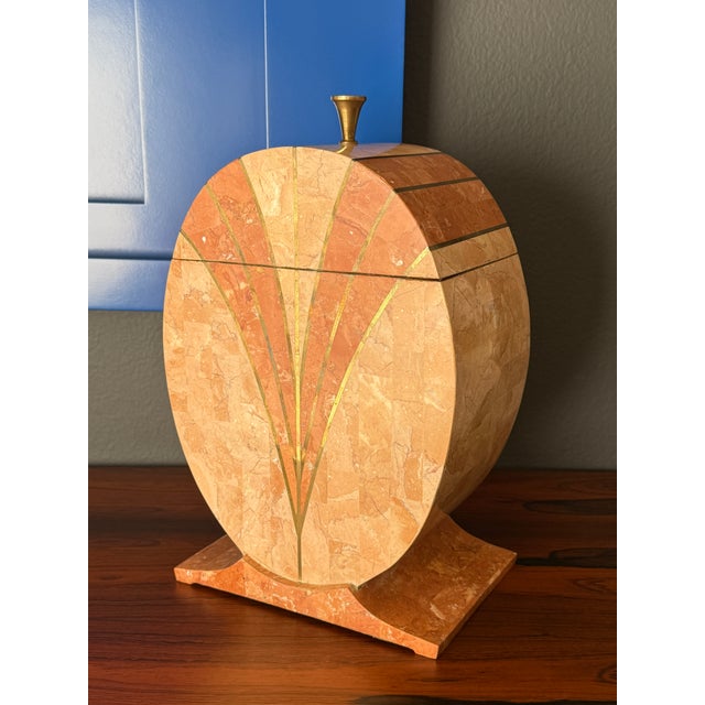 Tessellated pink / salmon stone decorative box with brass trim and velvet interior attributed to Maitland Smith