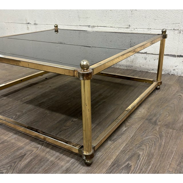 Maison Jansen Vintage Maison Jansen Style Hollywood Regency Smoke Glass Top Brass Coffee Table For Sale - Image 4 of 7