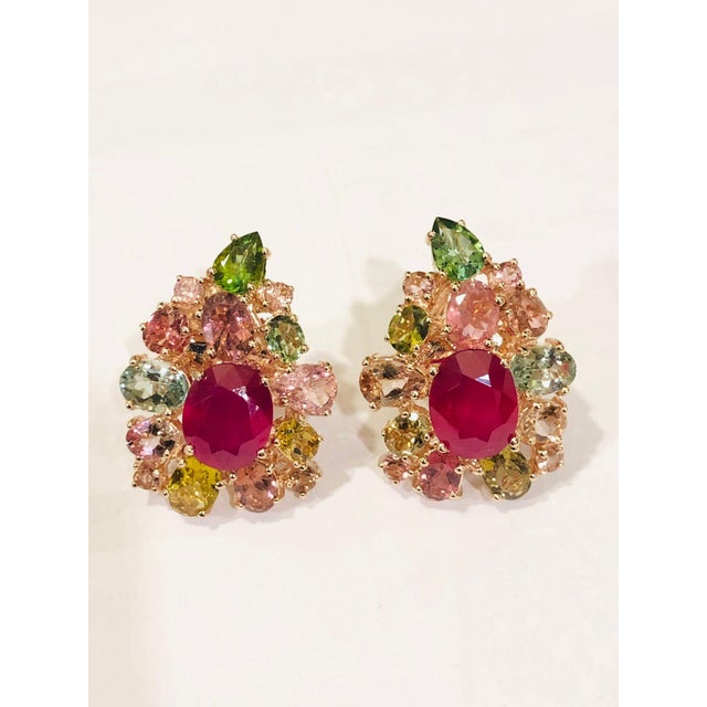 Bochic "Orient" Ruby & Multi Color Tourmalines Earrings Set 18K Gold & Silver For Sale In New York - Image 6 of 18