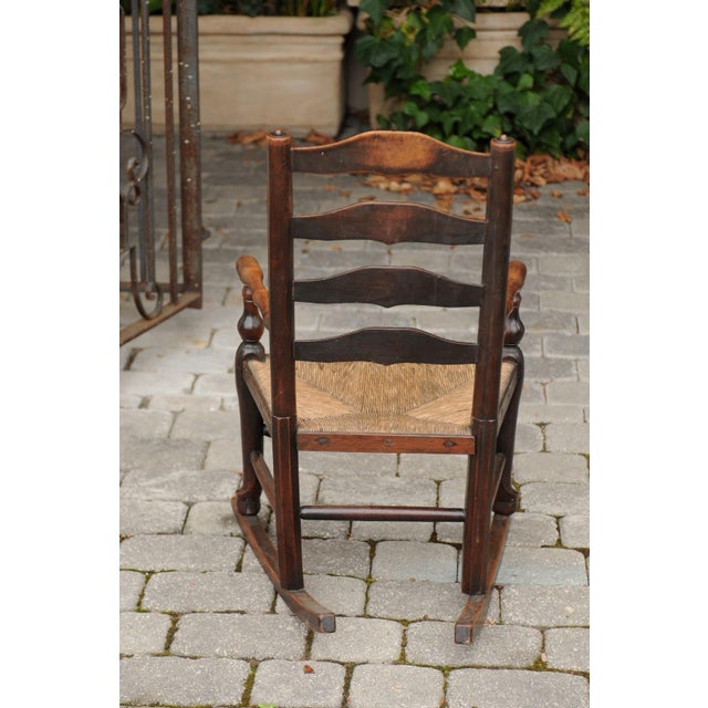 English 1800s Georgian Period Plum Wood Child's Rocking Chair with Rush Seat For Sale In Atlanta - Image 6 of 11
