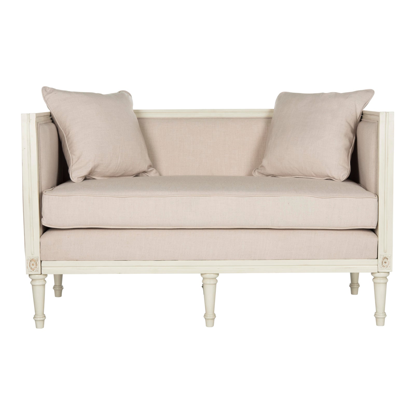 French Country Settee in Taupe & Rustic Oak | Chairish