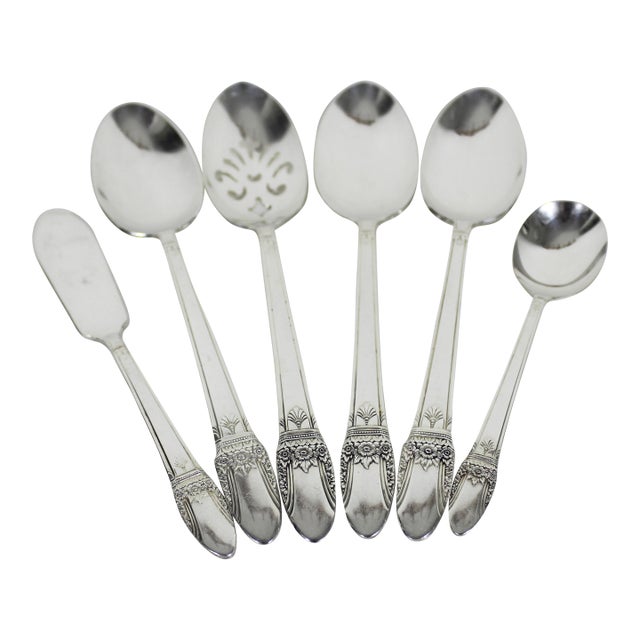 1937 First Love Hostess Set of Serving Utensils Spoons Slotted Sugar Butter Knife Entertaining - 6 Piece For Sale