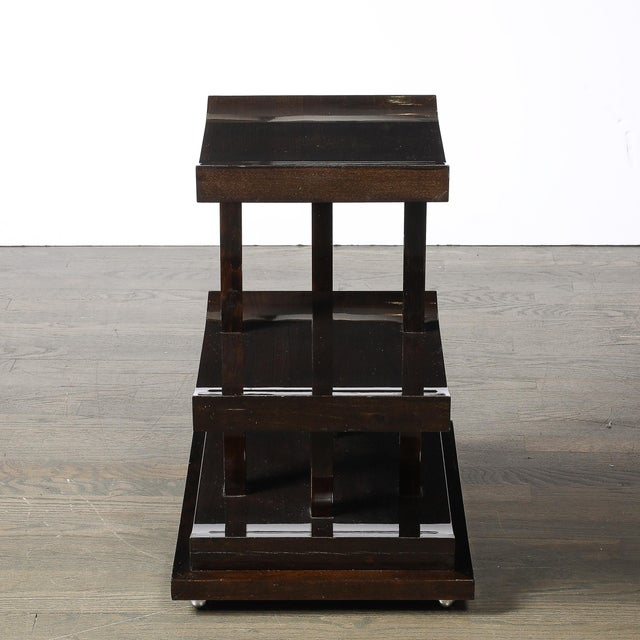 Art Deco Art Deco Rectilinear Swooping Three Tier Walnut Offset Side Table W/ Plinth Base For Sale - Image 3 of 15