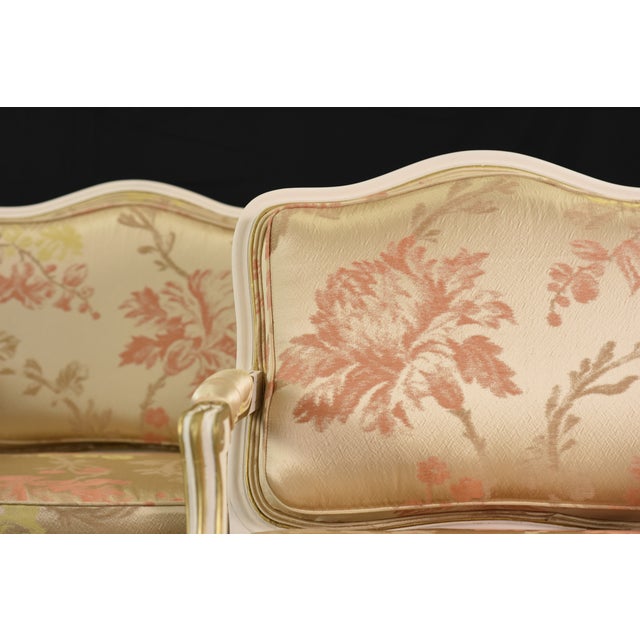 Pair Scalamandre Mallorcan Salmon Magical Silk Lampas Reupholstered Vintage Accent Chairs For Sale - Image 11 of 15