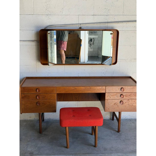 1970s Meredew Danish Teak Vanity Desk With Mirror and Stool Mid-Century Modern Dressing Table For Sale - Image 10 of 15