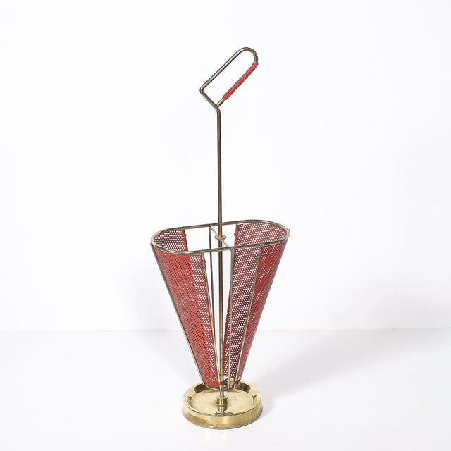 Mid-Century Modernist Sculptural Brass & Carnelian Red Enamel Umbrella Stand For Sale - Image 14 of 18