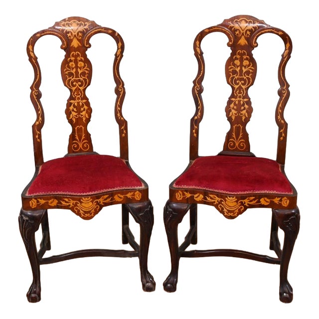 Dutch Floral Marquetry Side Chairs, Set of 2 For Sale