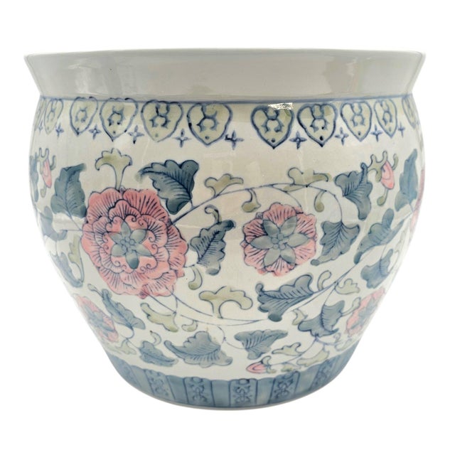 Ceramic Chinese Famille Rose Style Porcelain Fish Bowl Planter — Blue & Pink Floral For Sale - Image 7 of 14
