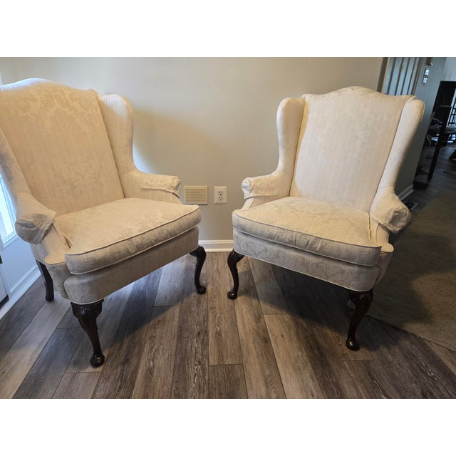 Queen Anne Wing Chairs Damask Medium Mahogany Finish Unmarked