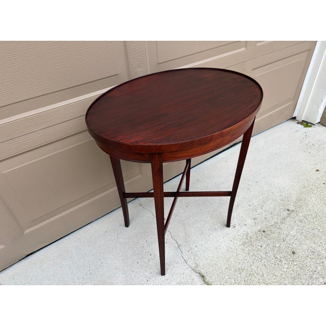 1930s Regency-Style Mahogany Oval Side Table With Cross-Stretcher Base For Sale In South Bend - Image 6 of 11