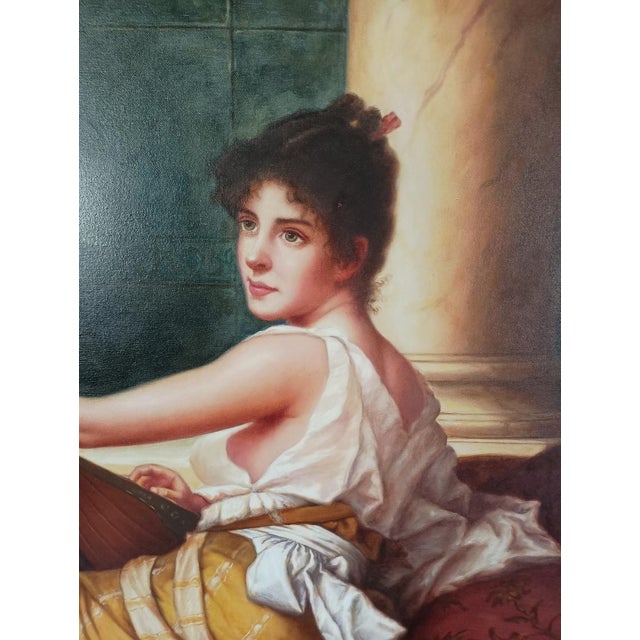 1990s Large Original Regency Fine Art Studio Painting “Woman With Lute” by Talach – Framed 60 X 47 For Sale - Image 6 of 15