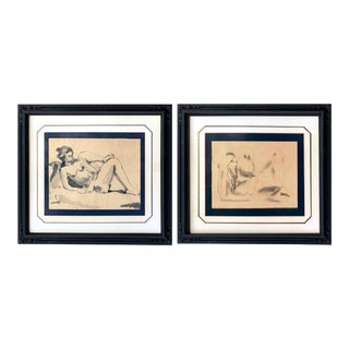 Vintage 1940's Signed Ink & Watercolor Nude Studies- Pair For Sale