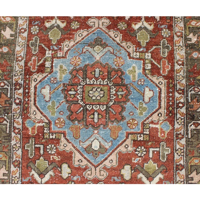 Antique Persian Heriz Runner With Geometric Medallion Design in Red, Olive, Blue 3'2"x11'7" For Sale - Image 9 of 11