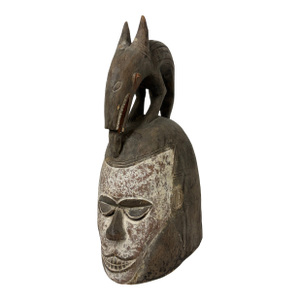 African Yoruba Carved Wood Helmet + Jackal Sculpture