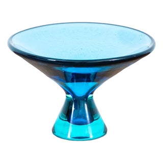 Mid Century Modern Art Glass Vase Bowl Blue Sommerso Round Heavy Murano Style 2 Tone For Sale
