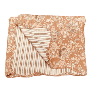 Vintage French Jacobean Floral & Ticking Stripe Cotton Quilt, Queen Size