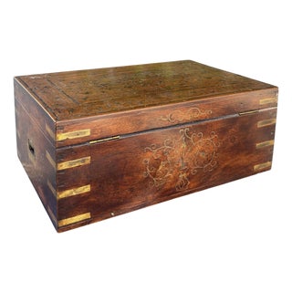 Antique Brass Inlaid Wooden Dressing Vanity Travel Box For Sale