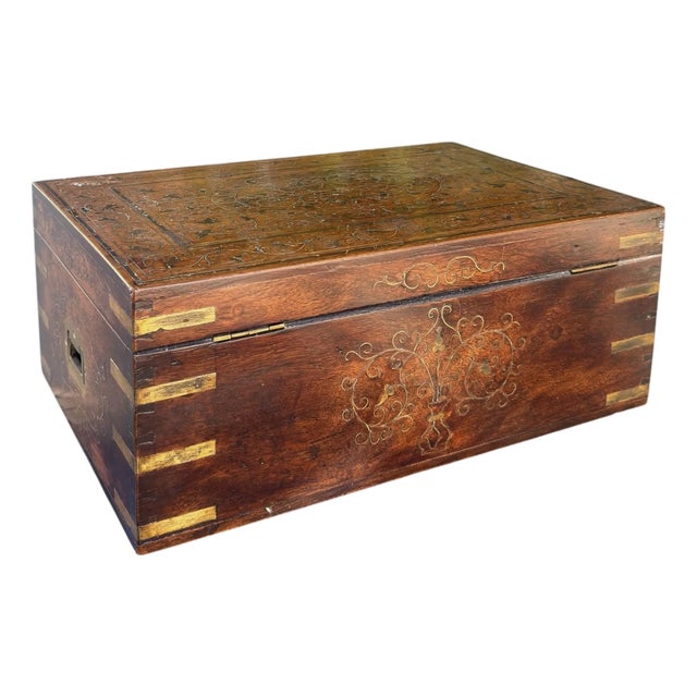 Antique Brass Inlaid Wooden Dressing Vanity Travel Box For Sale