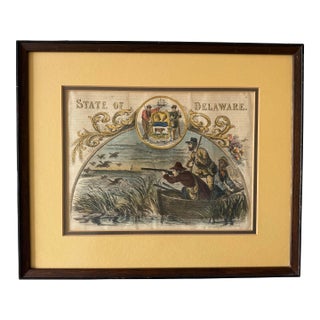 Framed Hand Colored 19th Century Lithograph Titled "State of Delaware" For Sale