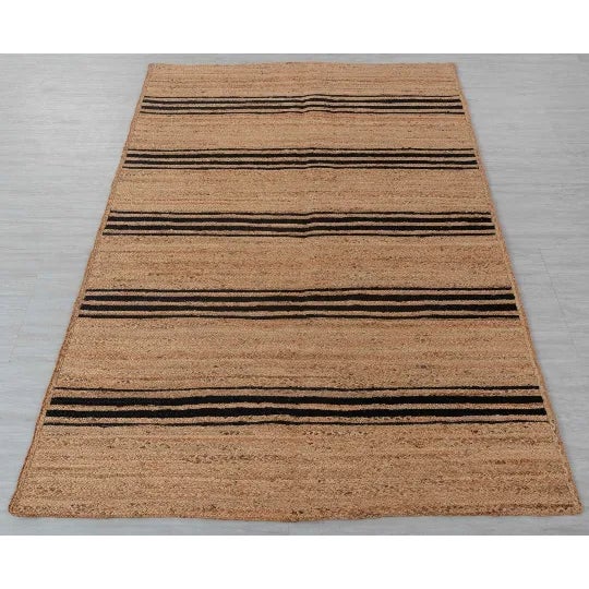 Boho Chic Rectangle Black Stripe Pattern Jute Rug, Boho Jute Rug 4x6 Ft. For Sale - Image 3 of 10