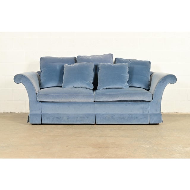 Baker Furniture Blue Velvet Upholstered Roll Arm Sofa For Sale - Image 13 of 13