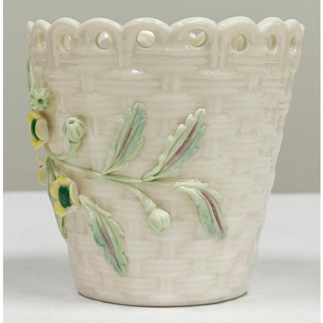 Belleek Pottery Ltd. Vintage Belleek Ireland Porcelain Floral Basketweave Motif Spill Vase For Sale - Image 4 of 8