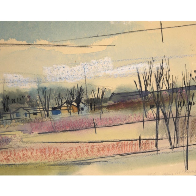 American Mid Century Modern Farmhouse Landscape in Watercolor and Ink on Paper by Robin Gay McCline For Sale - Image 3 of 8