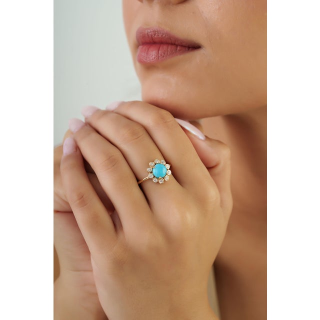 Contemporary 1.25ct Turquoise & Diamond Floral Vintage Cocktail Ring Size 6.5 in 14k Yellow Gold For Sale - Image 3 of 15