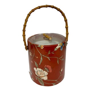 Vintage Chinoiserie Palm Beach Ice Bucket With Faux Bamboo Handle For Sale