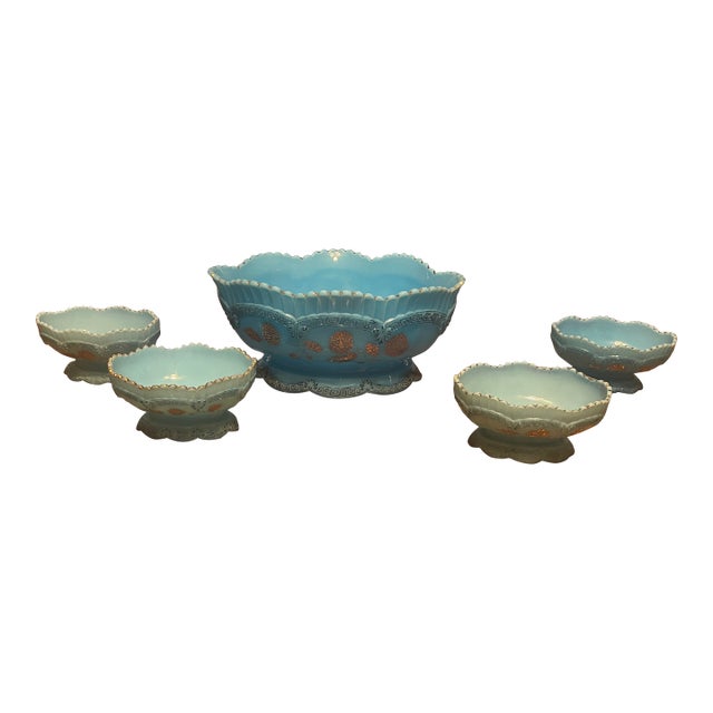 Antique Northwood Eapg Blue Opalescent Berry With Gold Accents Bowl Set - 5 Piece For Sale