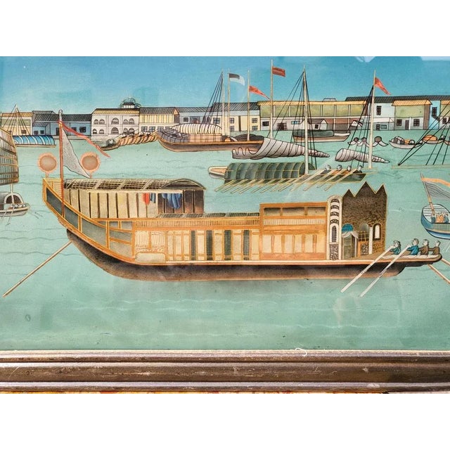 View of a Port in Asia, 20th Century, Reverse Glass Painting For Sale - Image 4 of 13