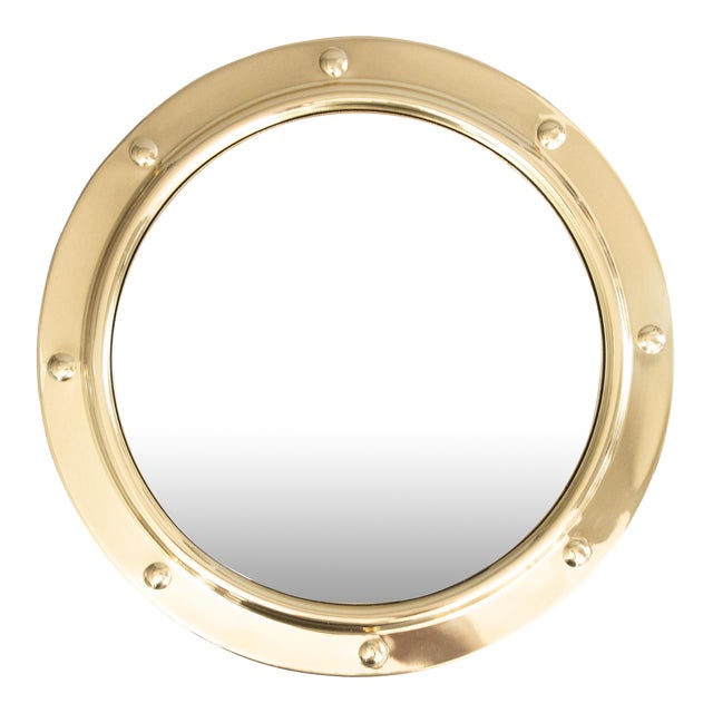 1950s English Polished Brass Nautical Porthole Convex Mirror For Sale