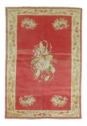 Red Antique Turkish Ghiordes Rose Flower Rug, 3'10'' X 5'4''