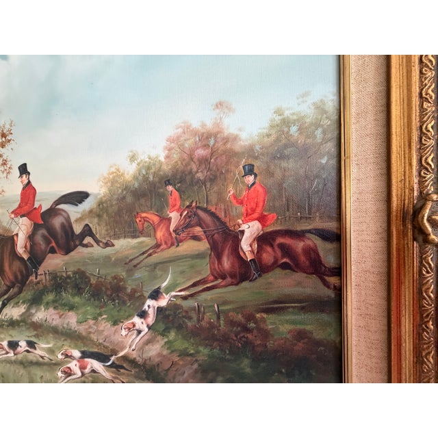 Paint Late 20th Century W. Larsen Original Fox Hunting Oil Painting English Hunt Horses Hounds Framed For Sale - Image 7 of 15
