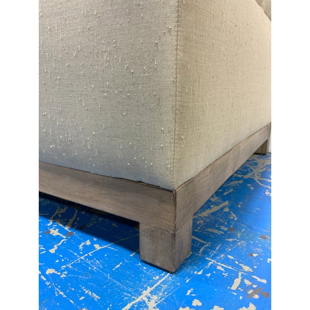 Tufted Beige Linen Ottoman For Sale - Image 4 of 5