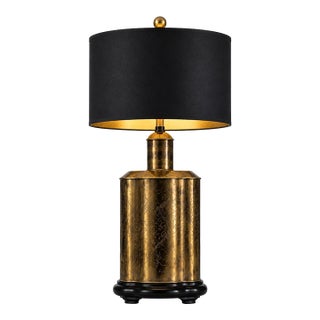 Large Vintage Antiqued Brass Chinoiserie Table Lamp With Black & Gold Drum Shade For Sale