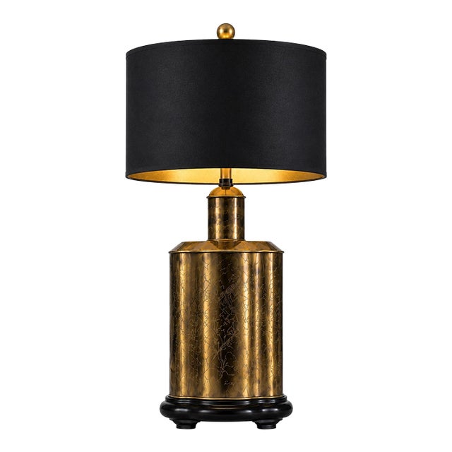 Large Vintage Antiqued Brass Chinoiserie Table Lamp With Black & Gold Drum Shade For Sale