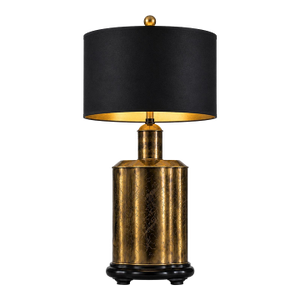 Large Vintage Antiqued Brass Chinoiserie Table Lamp With Black & Gold Drum Shade
