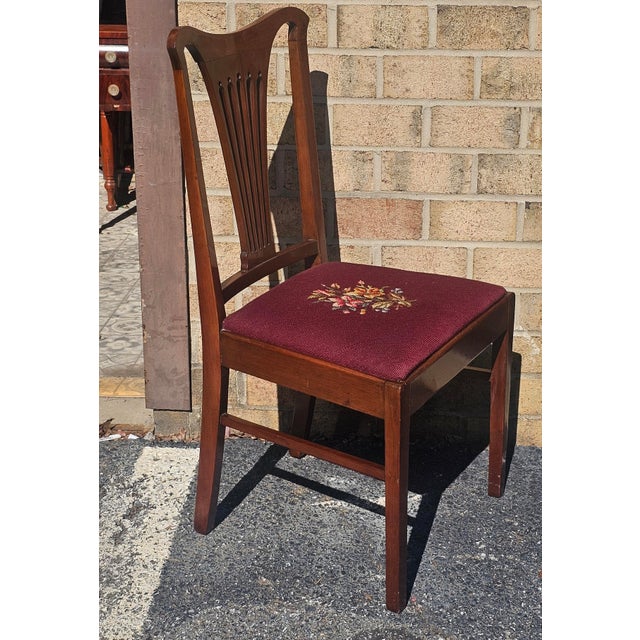 Brown Mid 20th Century Pair American Mahogany and Needlepoint Upholstered Chairs For Sale - Image 8 of 11