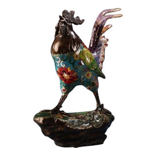 Vintage Chinese Cloisonné Enamel & Gilt Bronze Rooster Sculpture on Stand For Sale