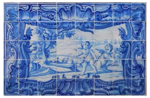 18th Century Portuguese Tiles Panel with Playing Angels Decor, Set of 40