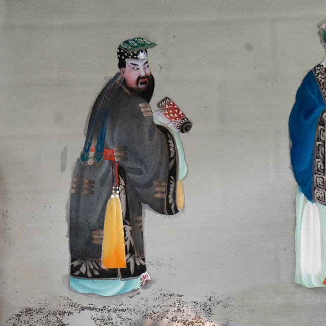 Wood Large Antique Chinese Export Reverse Painted Mirror, Glass Painting 19Th Century For Sale - Image 7 of 10