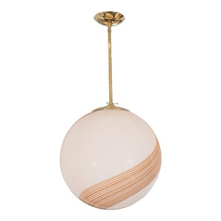 Vintage Spherical Amber Swirl Opaque Glass Pendant Light For Sale