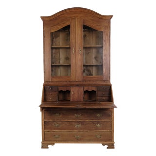 Antique Oak Secretary Desk with Glazed Display Cabinet and Brass Fittings, 1880 For Sale