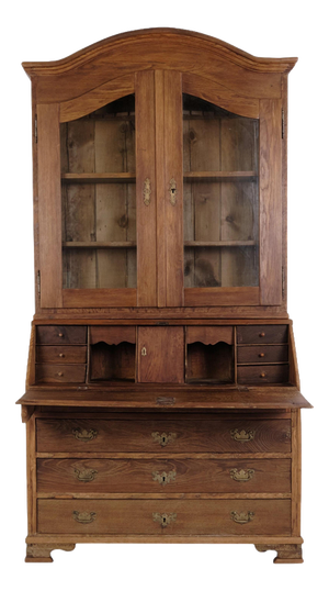 Antique Oak Secretary Desk with Glazed Display Cabinet and Brass Fittings, 1880