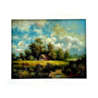 Vintage Boho Landscape Painting in White Frame For Sale