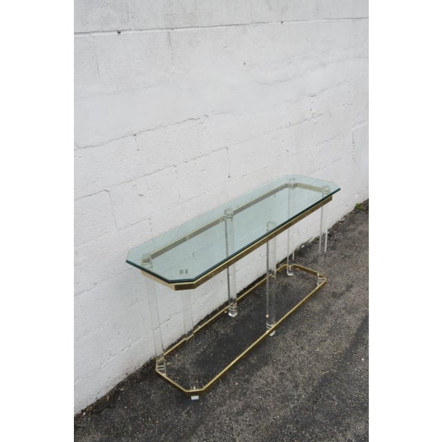 Brass Hollywood Regency Lucite and Brass Finish Glass Top Console Table For Sale - Image 8 of 12