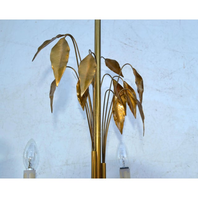 Brass Maison Charles Style Feuilles Gold Leaf & Brass 6-Light Chandelier France 1960 For Sale - Image 8 of 13