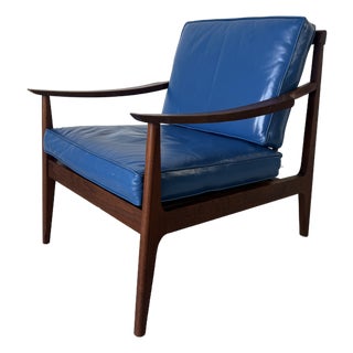 Mid Century Ib Kofod Larsen Style Scandinavian Lounge Chair With Blue Leather Cushions For Sale