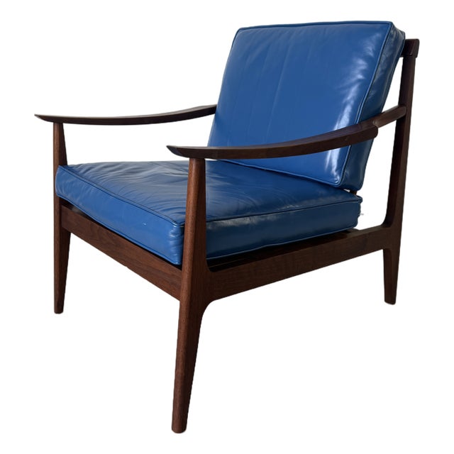 Mid Century Ib Kofod Larsen Style Scandinavian Lounge Chair With Blue Leather Cushions For Sale